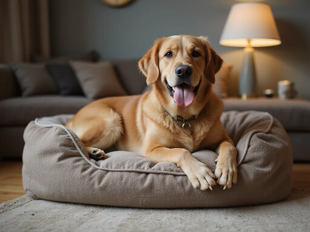 Luxurious adult dog bed in cozy, homely interior setting