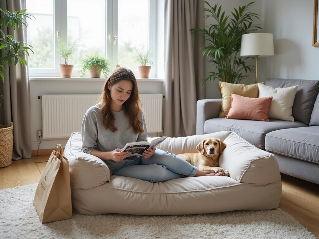 Adult woman relaxing on neutral-colored adult person dog bed