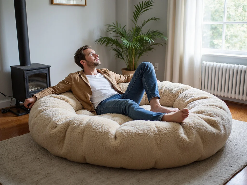 Caucasian man relaxing on Amazon giant dog bed for humans in modern living room