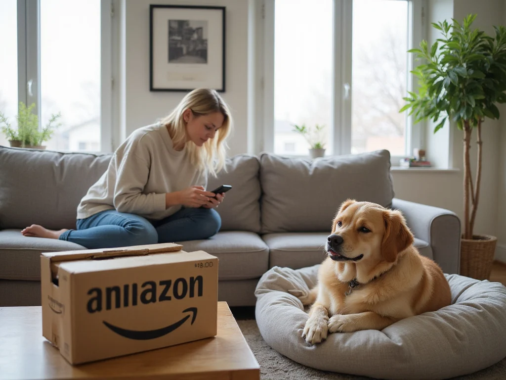 Blonde woman with dog on Amazon human dog bed in living room