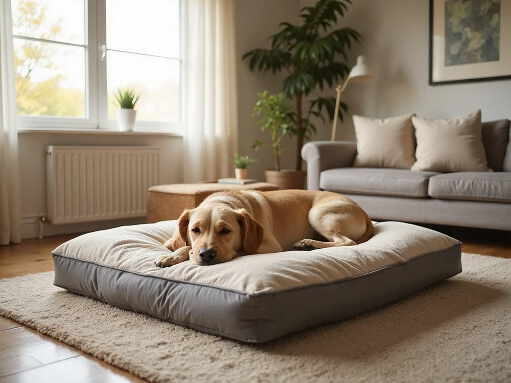 Amazon human size dog bed in a cozy, modern living room setting