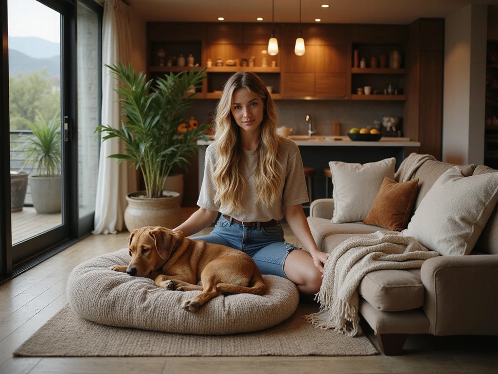 Cozy ambience in shop with human interacting with dog on bed