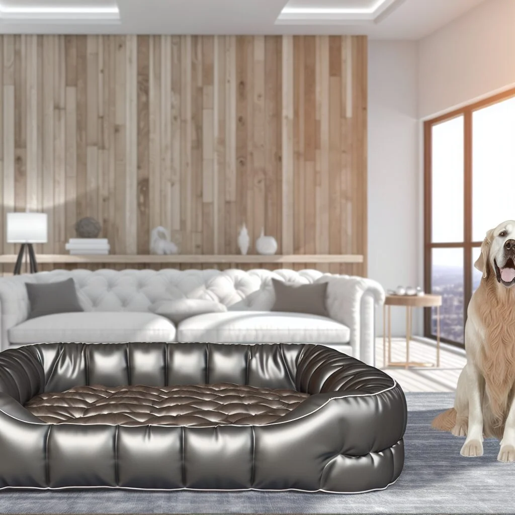 Golden Retriever relaxing on plush ASPCA dog bed in contemporary living room