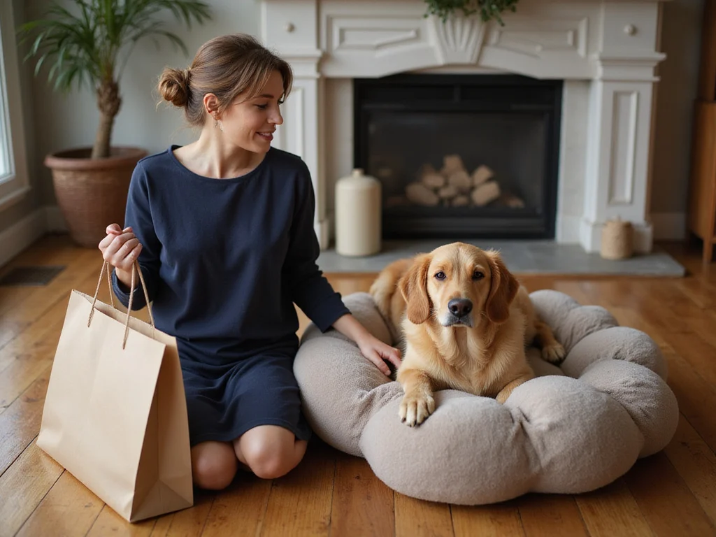 Woman smiling at golden retriever on best human dog bed.