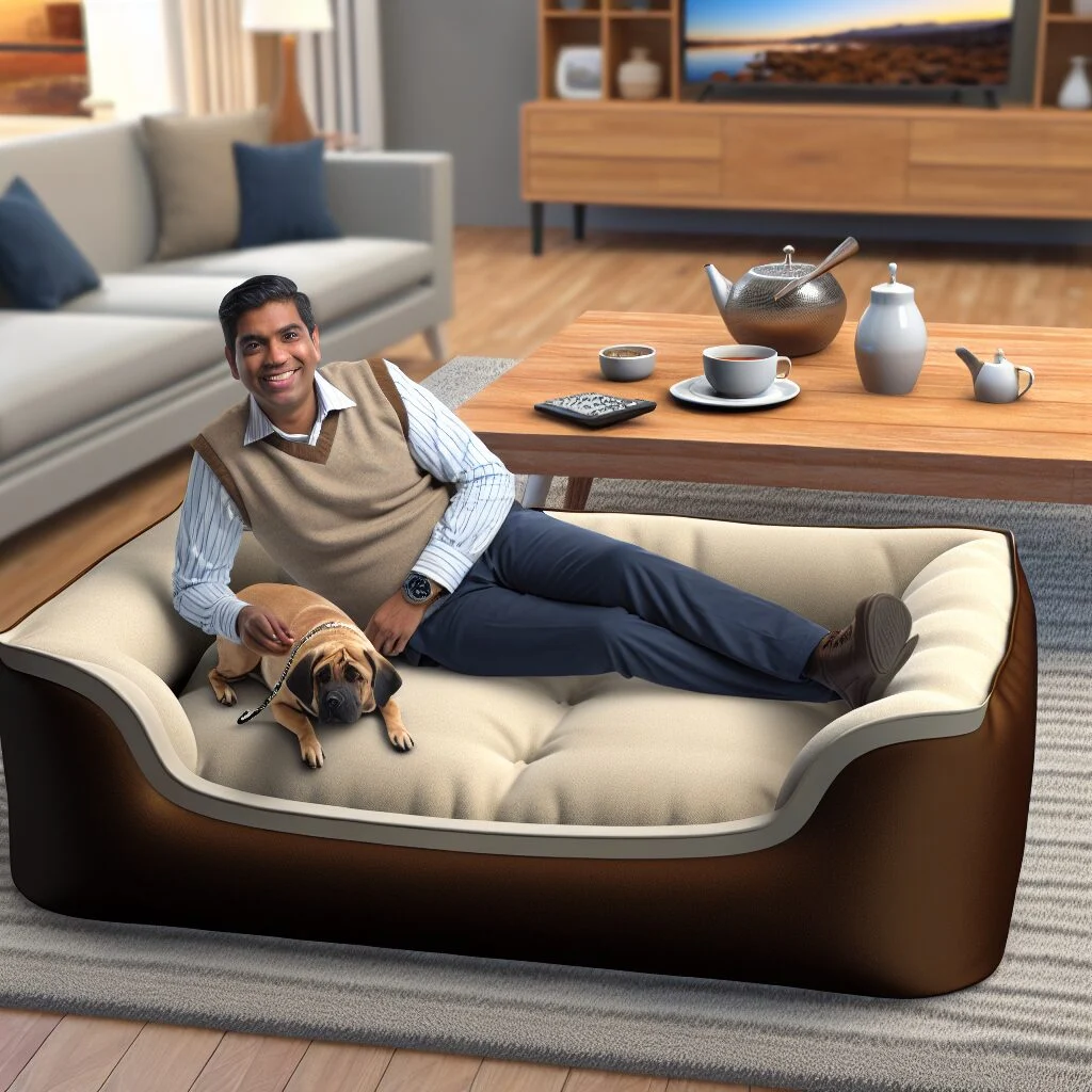 Luxurious big dog bed for humans in cozy living room setting