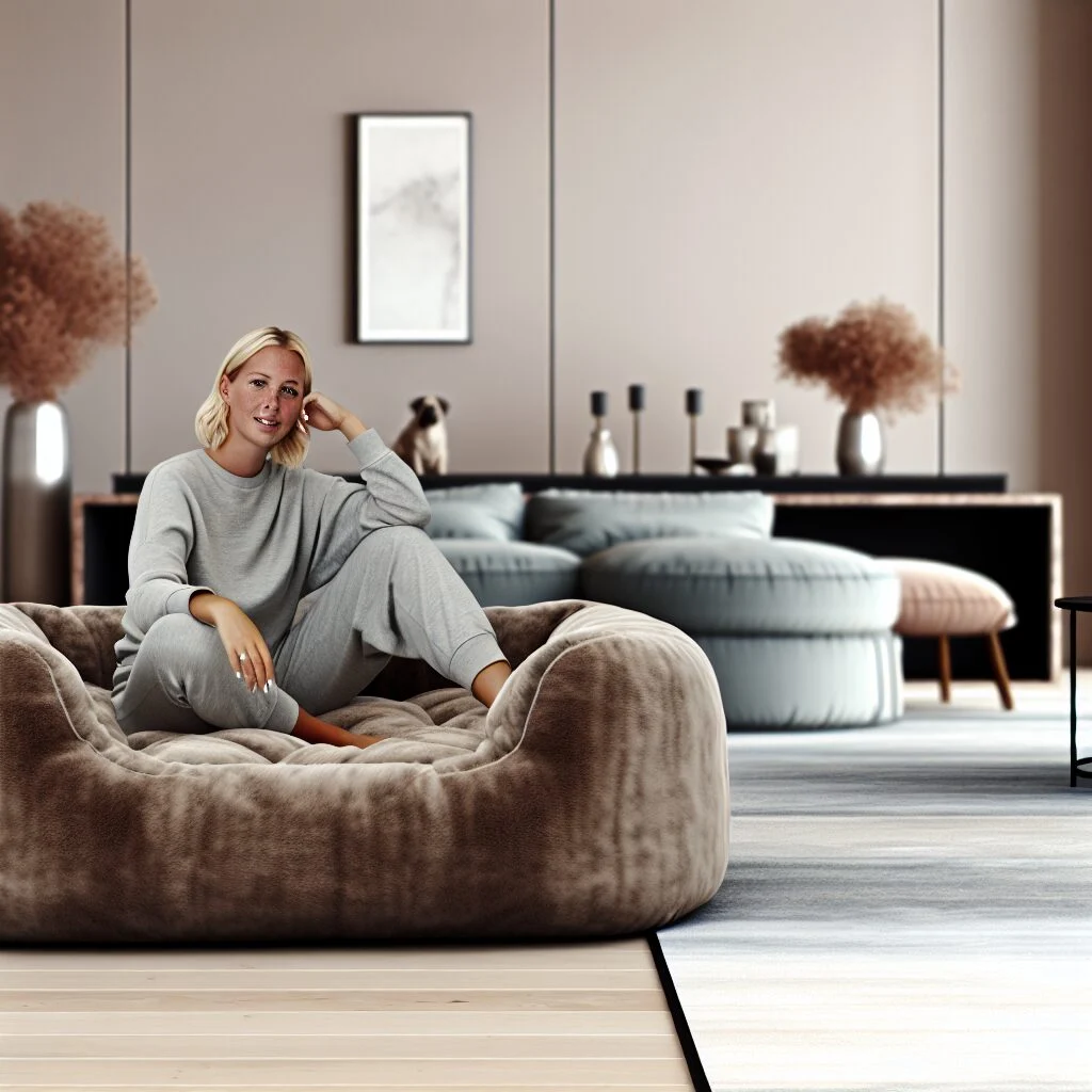 Blonde woman relaxing on large dog bed in contemporary living room