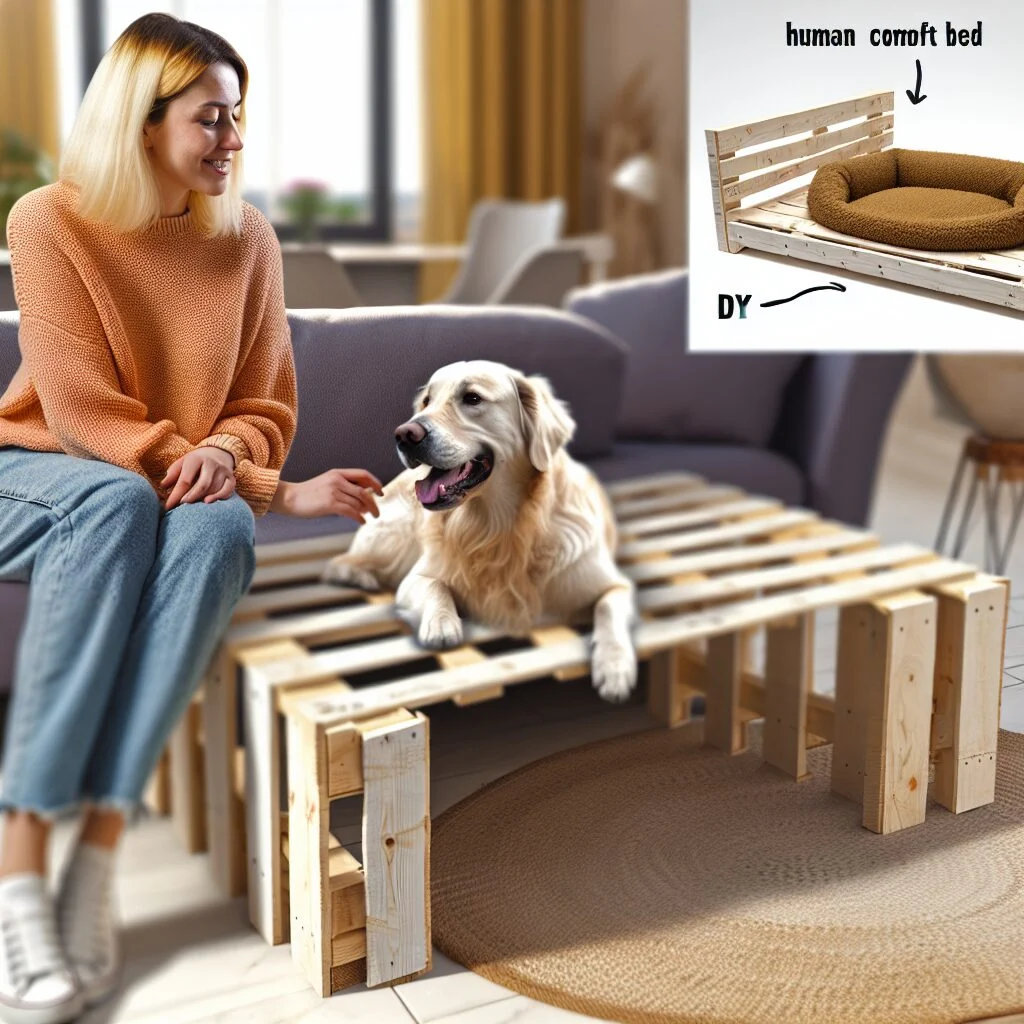Blonde woman with golden retriever on comfy human dog bed