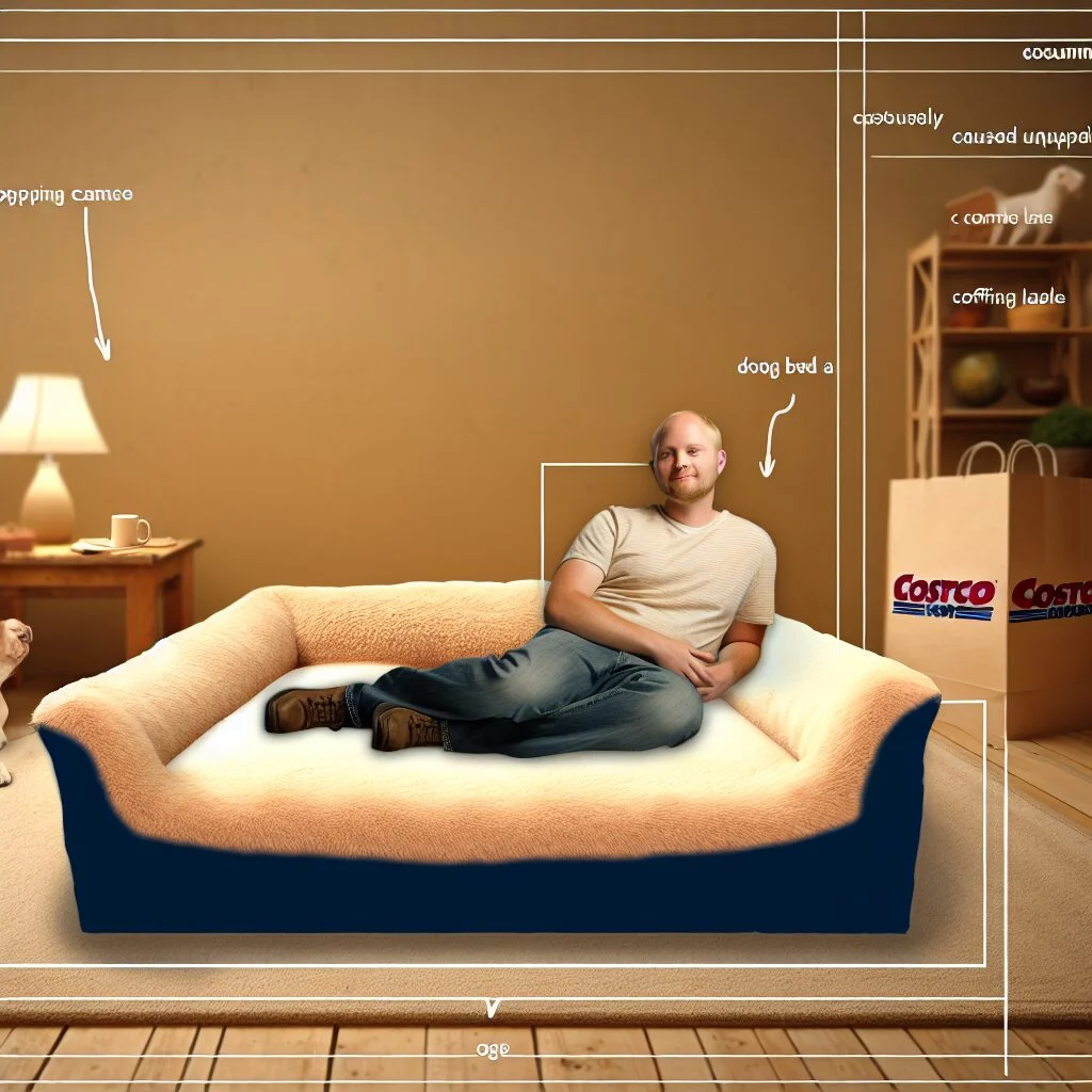 Person lounging on human-sized dog bed from Costco in a cozy room.