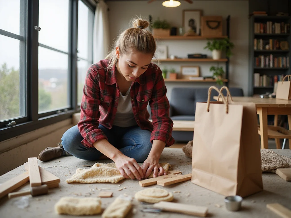 Blonde woman crafting a cozy cove human dog bed at home