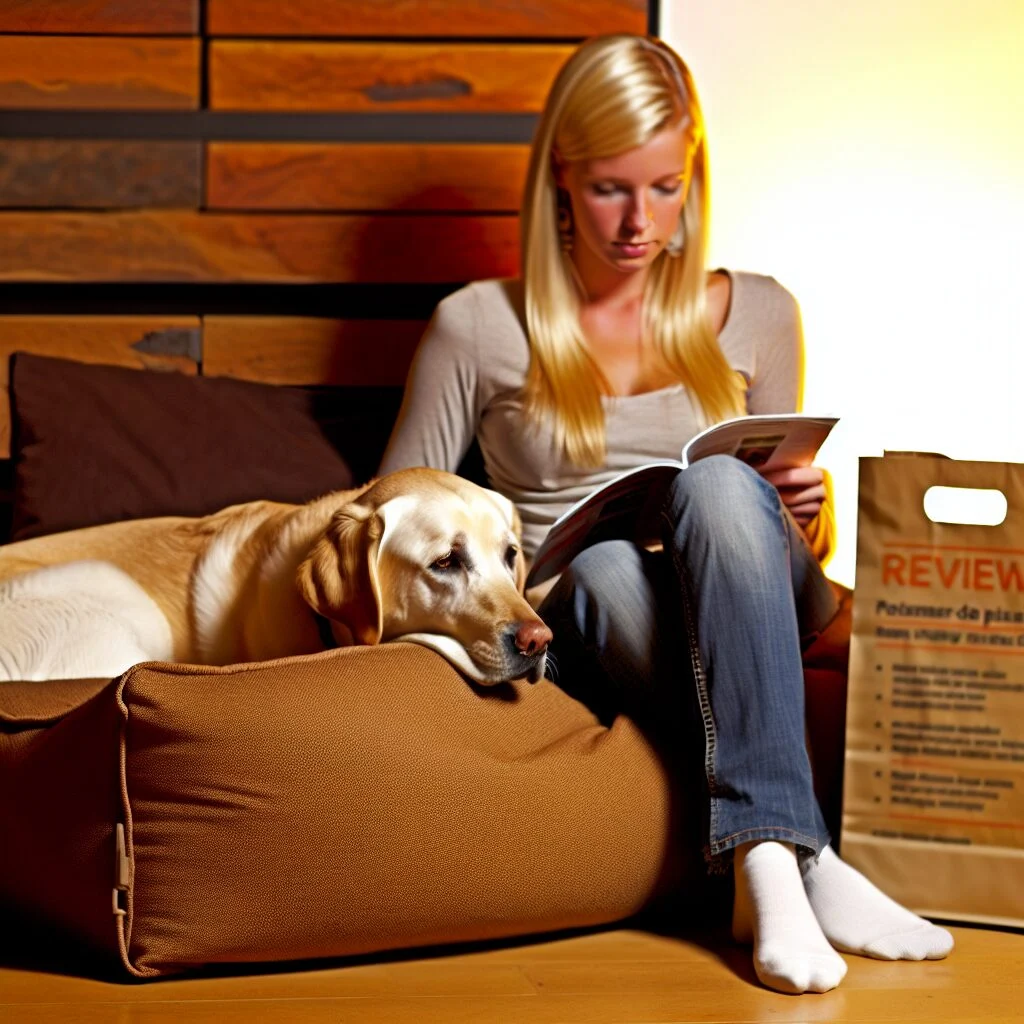 Labrador Retriever lounging on cozy human dog bed in modern living room