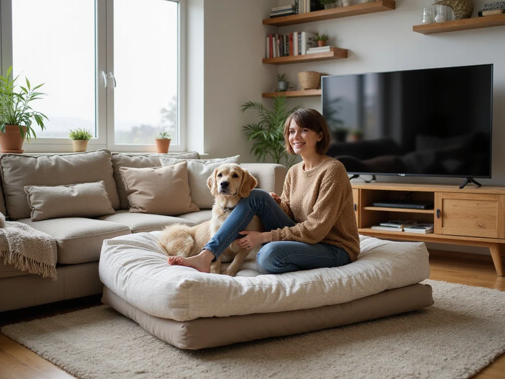 Adult relaxing on a large, cozy human dog bed in a modern living room.