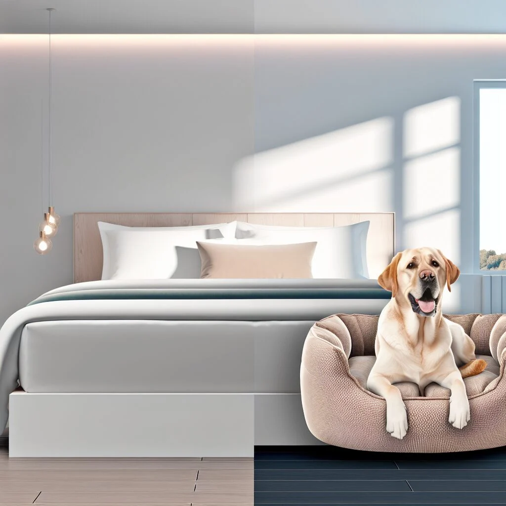 Labrador Retriever contentedly resting on attached dog bed in modern bedroom
