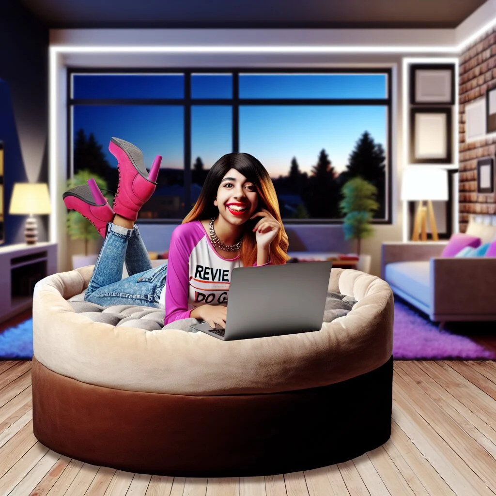Trendy woman reviewing dog bed for humans shark tank on laptop