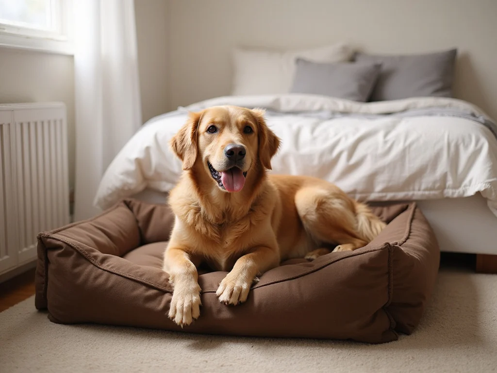 Golden Retriever resting on cozy dog bed beside neutral human bed