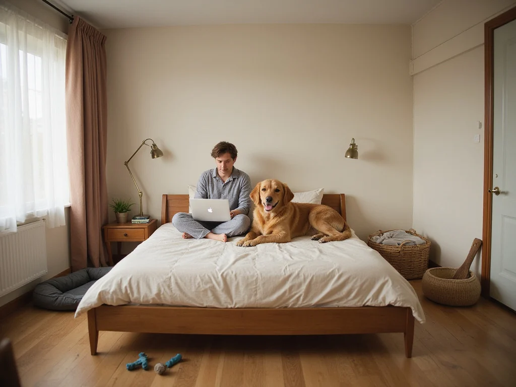 Human and golden retriever on dog bed in cozy bedroom environment