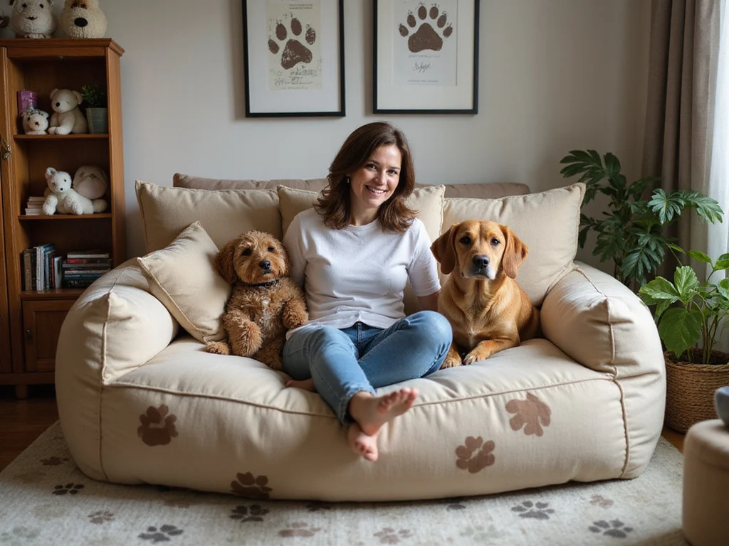 Middle-aged woman relaxing on oversized, dog-themed human bed