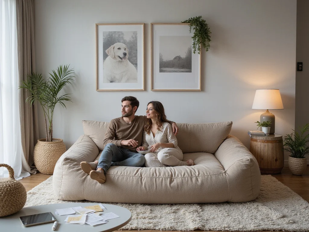 Luxurious plufl dog bed for humans in a modern Nordic living room