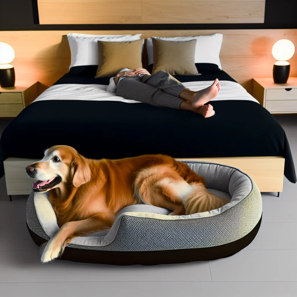 Golden retriever relaxing in dog bed next to contemporary human bed