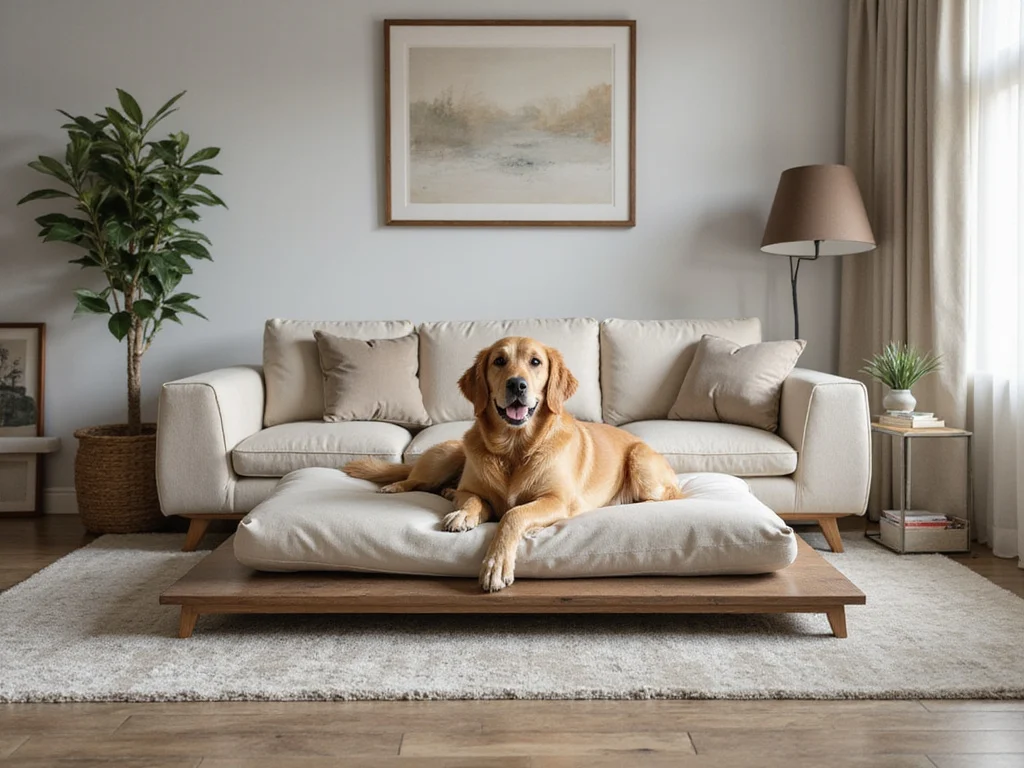 Golden retriever lounging on luxurious dog bed resembling human bed
