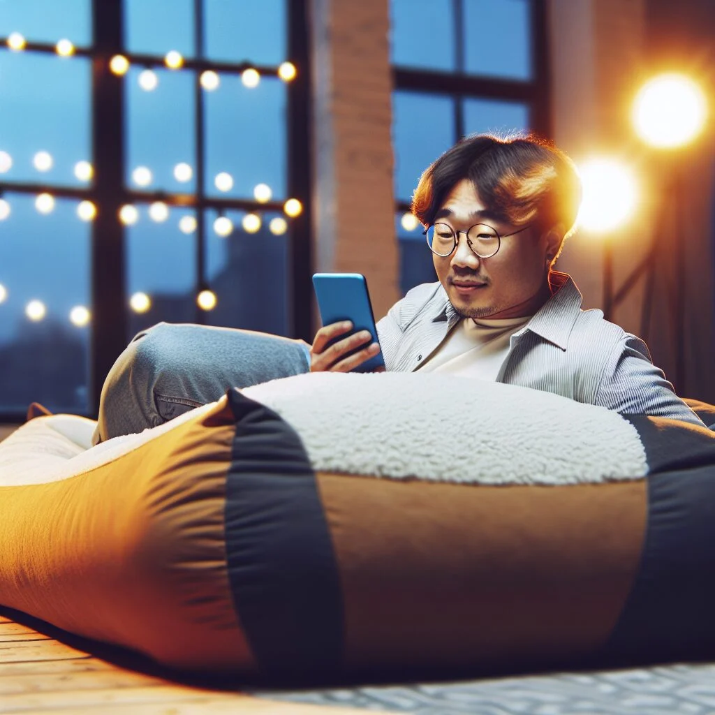 Person relaxing on trendy dogbed for humans while browsing mobile