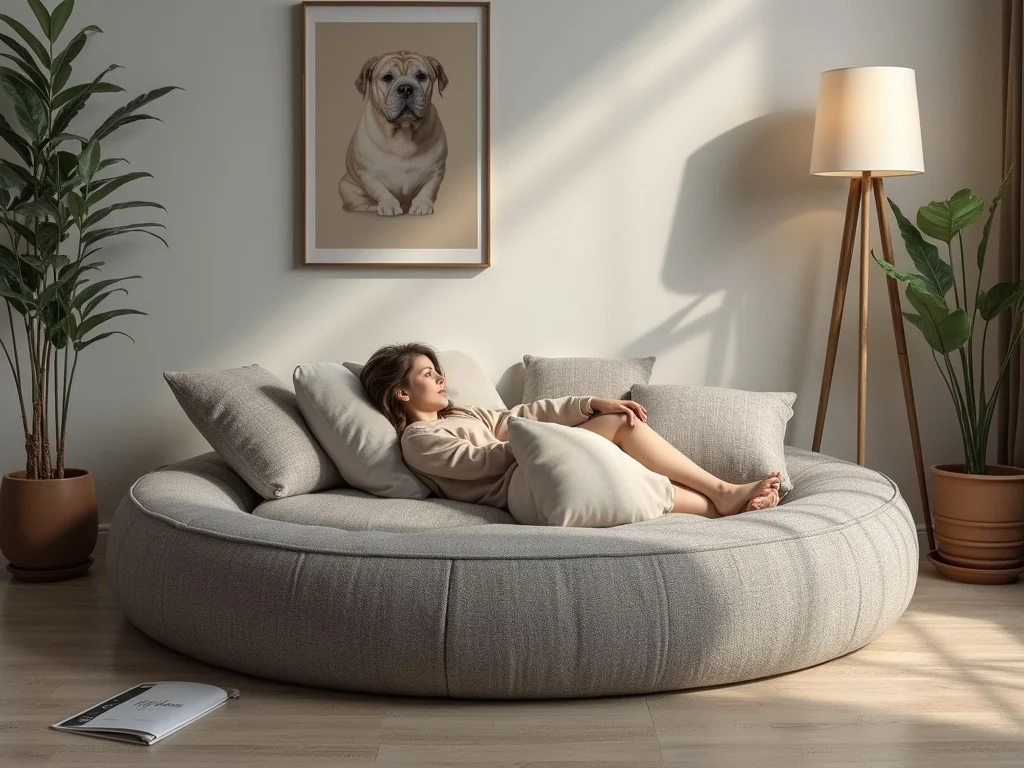 Male figure relaxing on a large, comfortable human dog bed.
