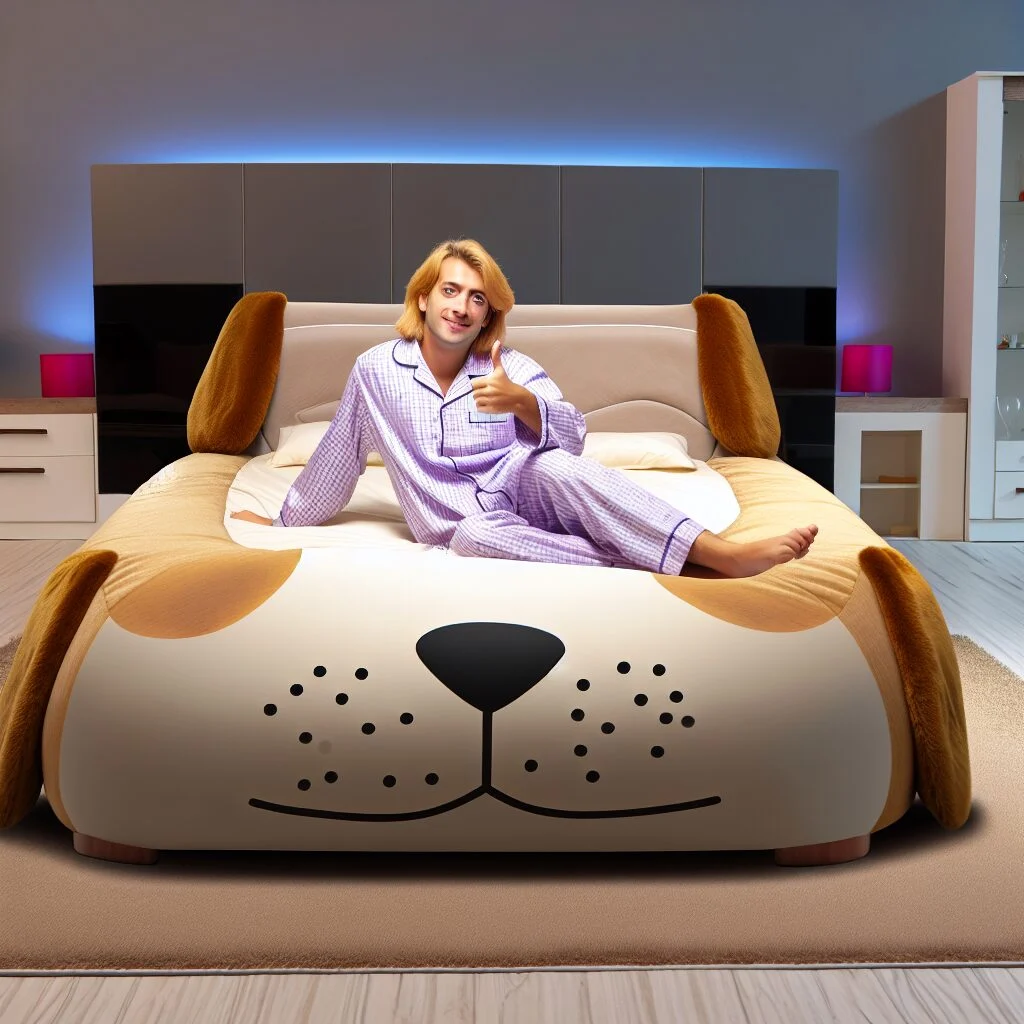 Adult enjoying comfortable dog-shaped bed in modern bedroom
