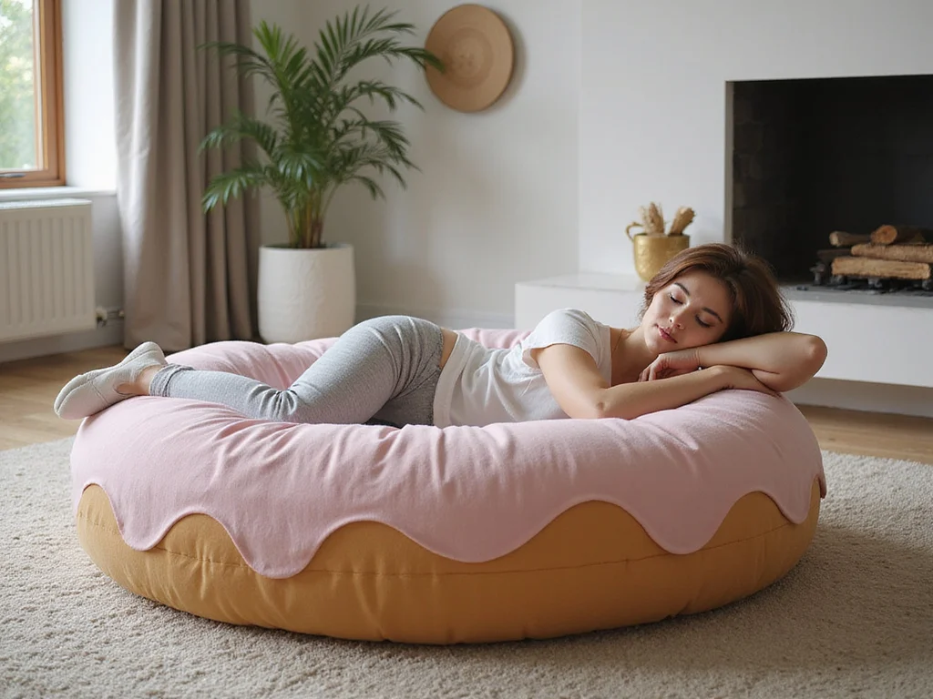 Adult relaxing on colorful donut bed in contemporary living room
