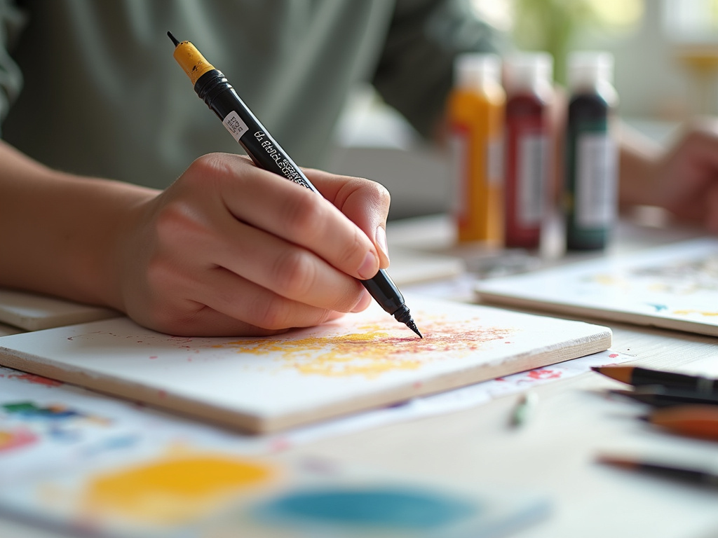 Hand demonstrating use of Dual-Tip Acrylic Paint Pen in modern workspace