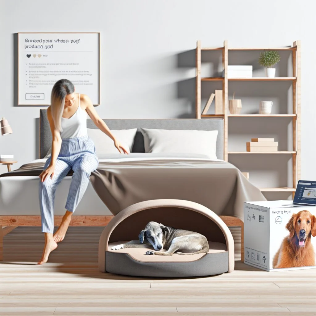Elevated dog bed next to human bed in serene bedroom