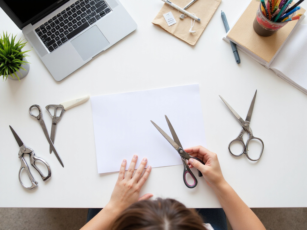 Caucasian individual demonstrating use of Fiskars scissors at home office