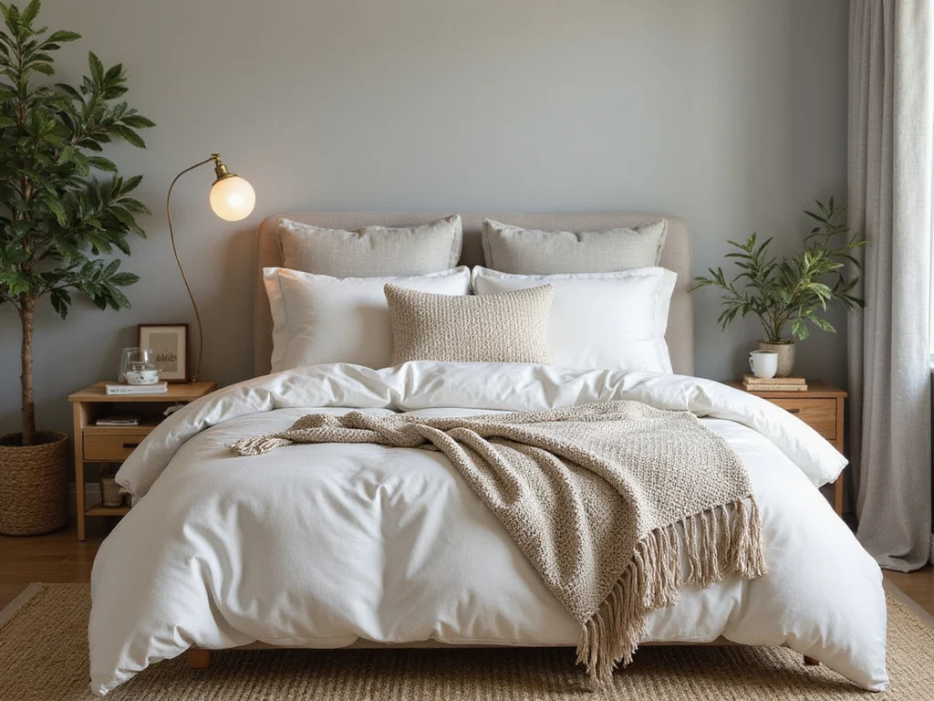Inviting fluffy bed with plush comforters in a cozy bedroom