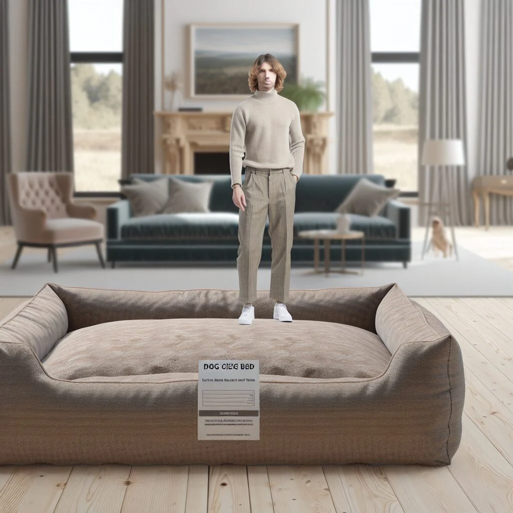 Human relaxing on large, fluffy dog bed in a stylish room