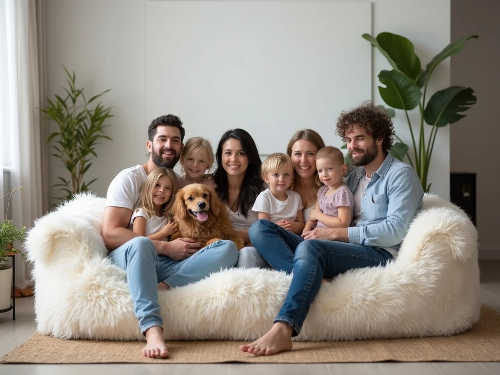 Diverse group lounging on fluffy dog bed for humans in modern room