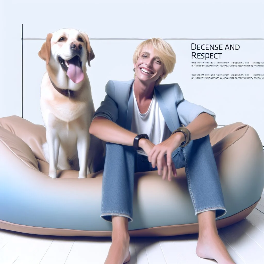 Blonde individual smiling with dog on funny fuzzy human dog bed