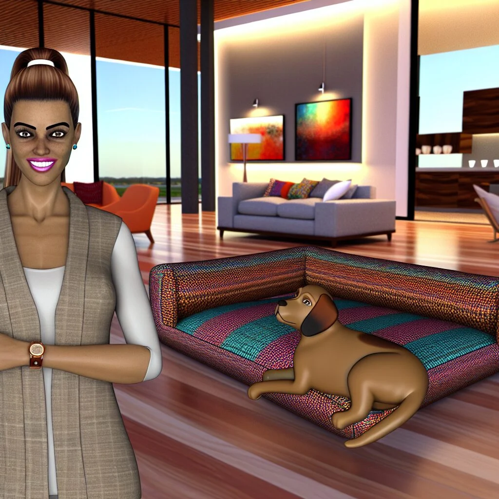 Smiling lady observing colorful FunnyFuzzy human dog bed