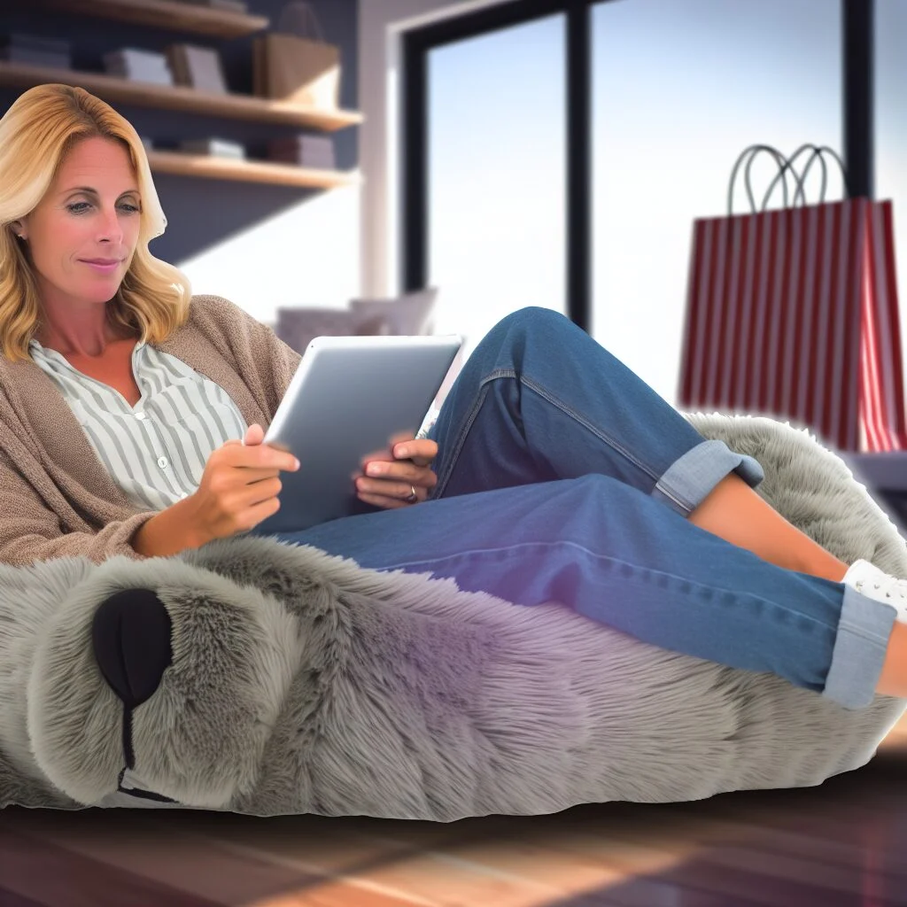Blonde reading on tablet in fuzzy human dog bed after shopping
