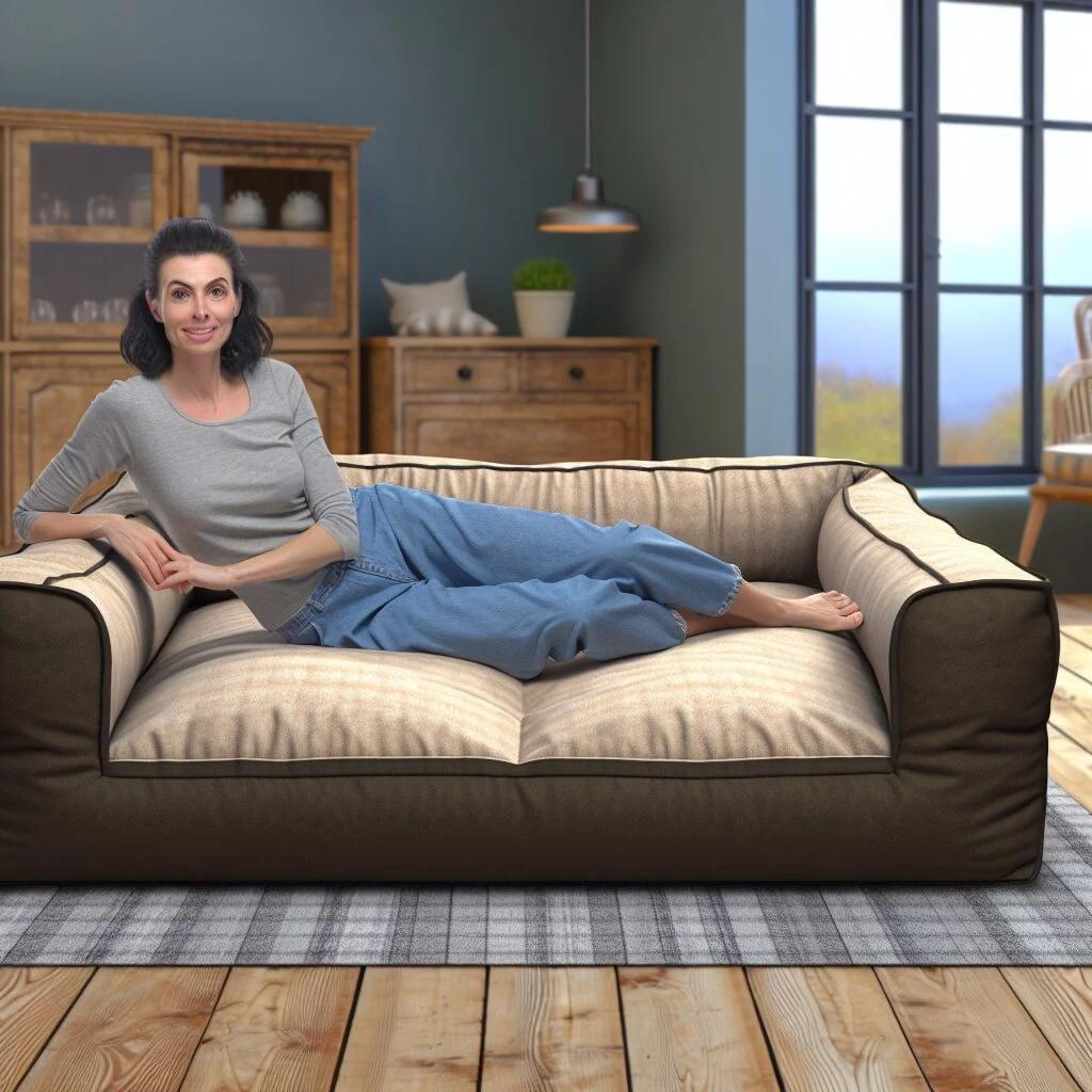 Brunette woman lounging on giant dog bed for humans for sale