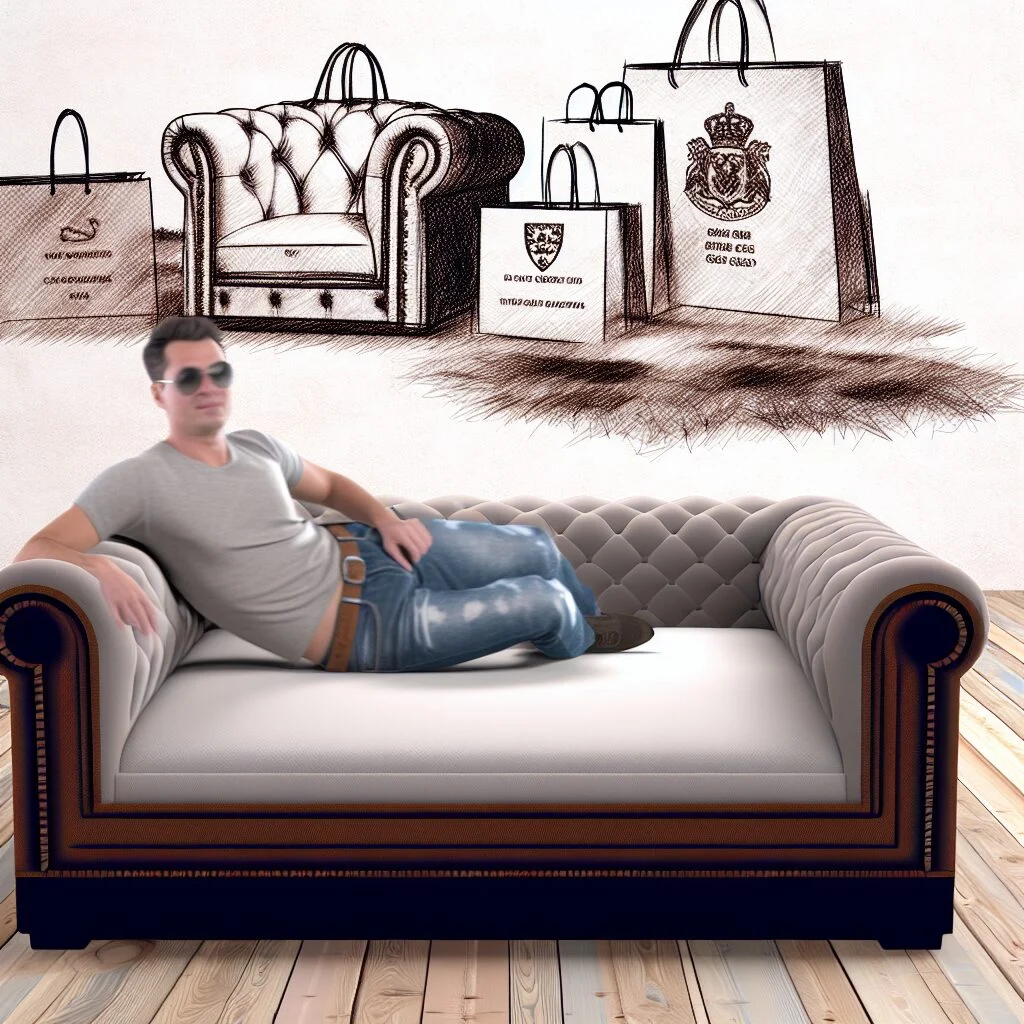 Casual man relaxing in a giant dog bed for humans after shopping