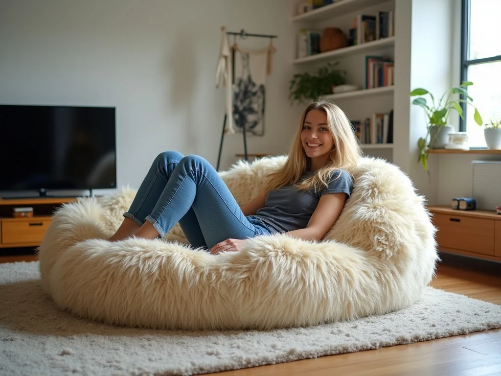 Blonde person lounging on a giant dog bed in modern living room