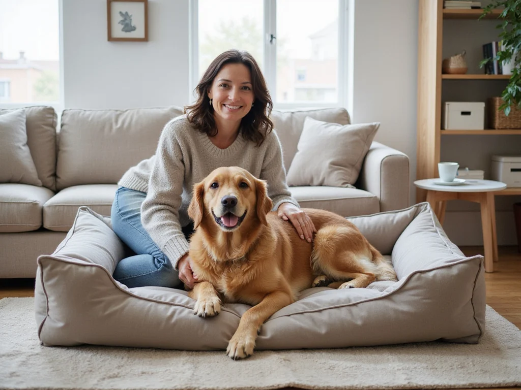 Woman and Golden Retriever enjoying a giant human dog bed in cozy living room.