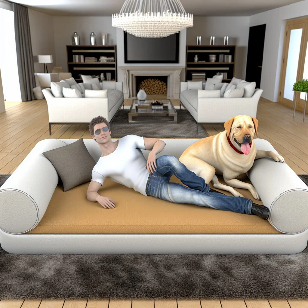 Healing nest human dog bed in modern living room with owner and Labrador.