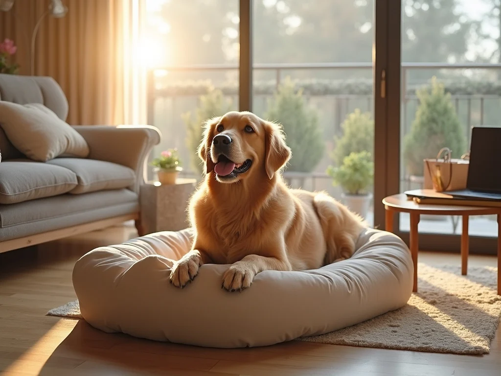 Golden retriever lounging on huge dog bed for humans in modern living room