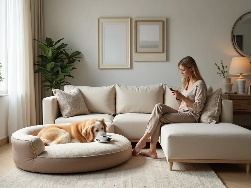 Modern living room featuring huge dog bed for humans
