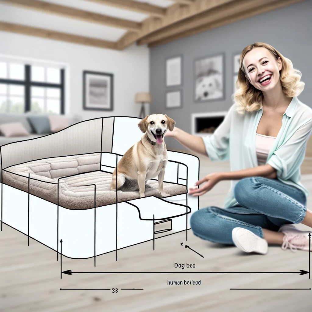 Blonde woman sitting on modern human dog bed combo in living room