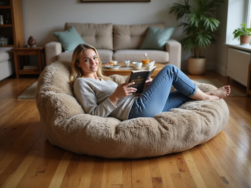 Comfortable human in dog bed in cozy modern living room