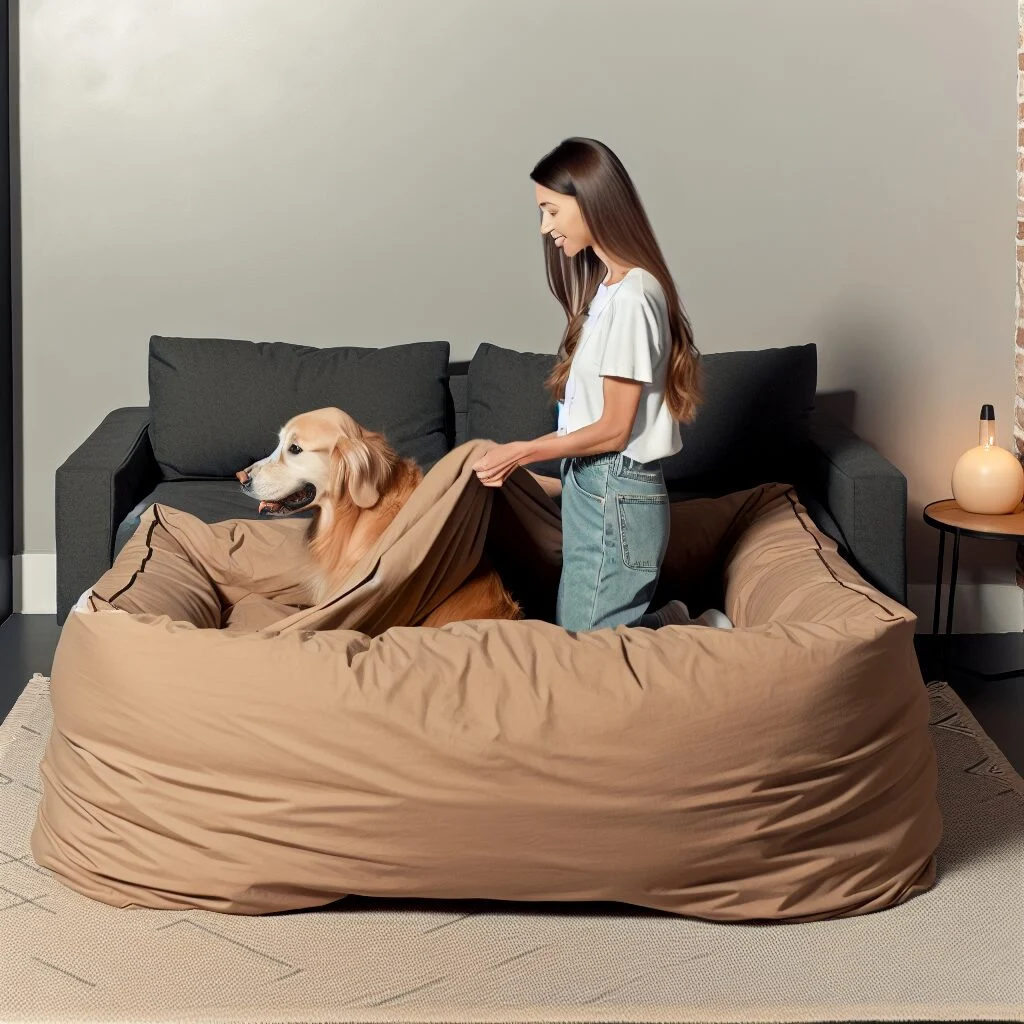 Woman tucking golden retriever into a human dog bed in cozy living room