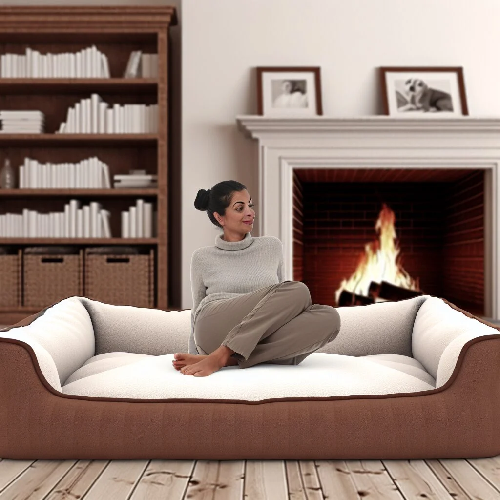 Brunette woman lounging on large, cozy human dog bed in living room.