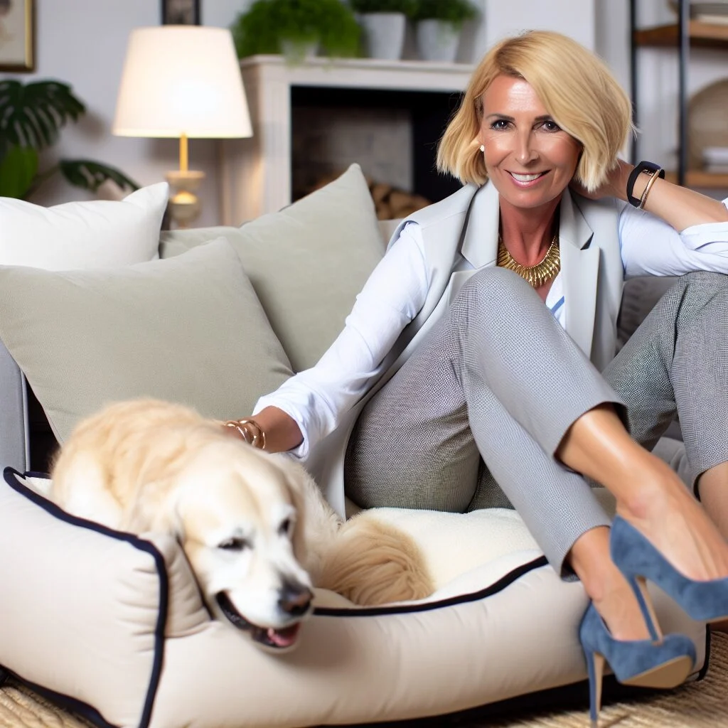 Blonde woman lounging on human dog bed for sale with Golden Retriever