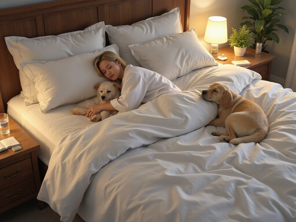 Blonde person and Golden Retriever peacefully sleeping in human and dog bed.