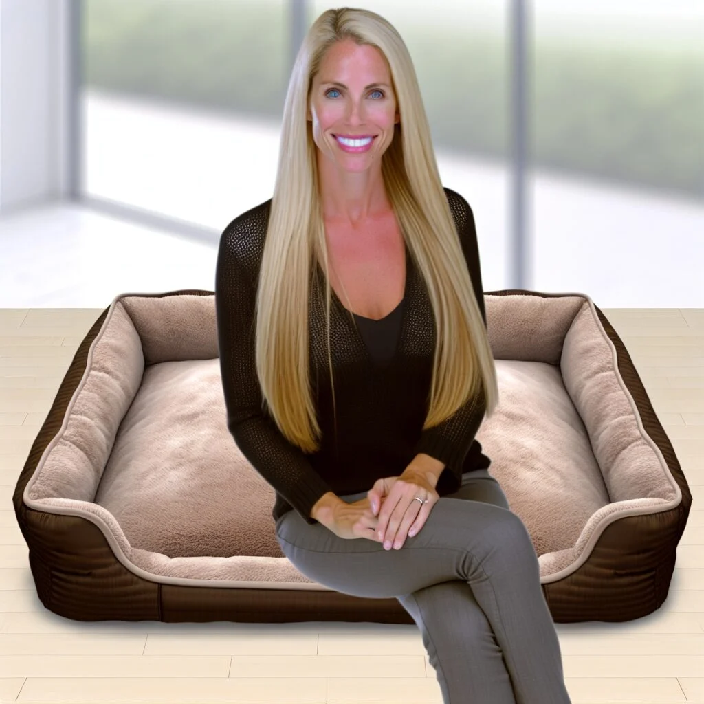 Happy woman relaxing on Shark Tank human dog bed